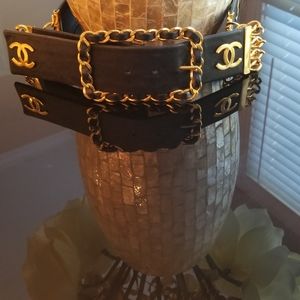 CHANEL Vintage Black Leather Gold Chain Link Belt